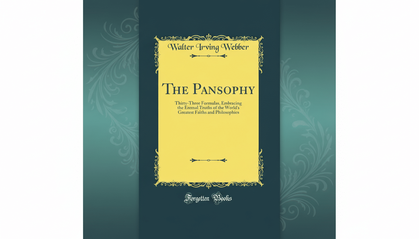 The book cover for The Pansophy by Walter Irving Webber, featuring a yellow-green central panel with ornate borders on a teal background, resized to a 16:9 aspect ratio with a professional flat design background.