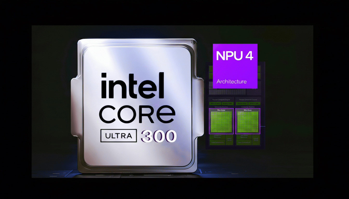 A close-up of an Intel Core Ultra 300 processor with NPU 4 Architecture highlighted in purple on the right, set against a dark, professional background.