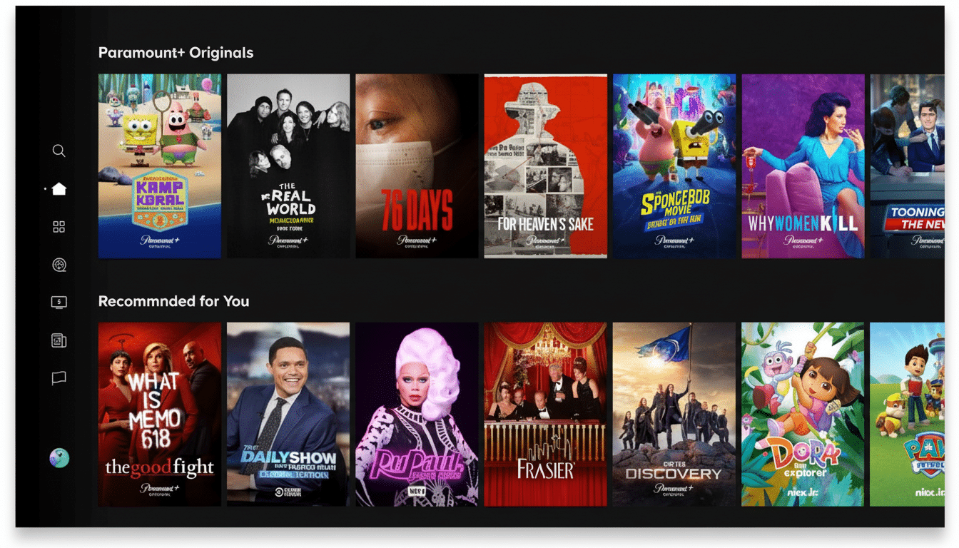 A screenshot of the Paramount+ streaming service interface, displaying rows of movie and TV show titles under Paramount+ Originals and Recommended for You.