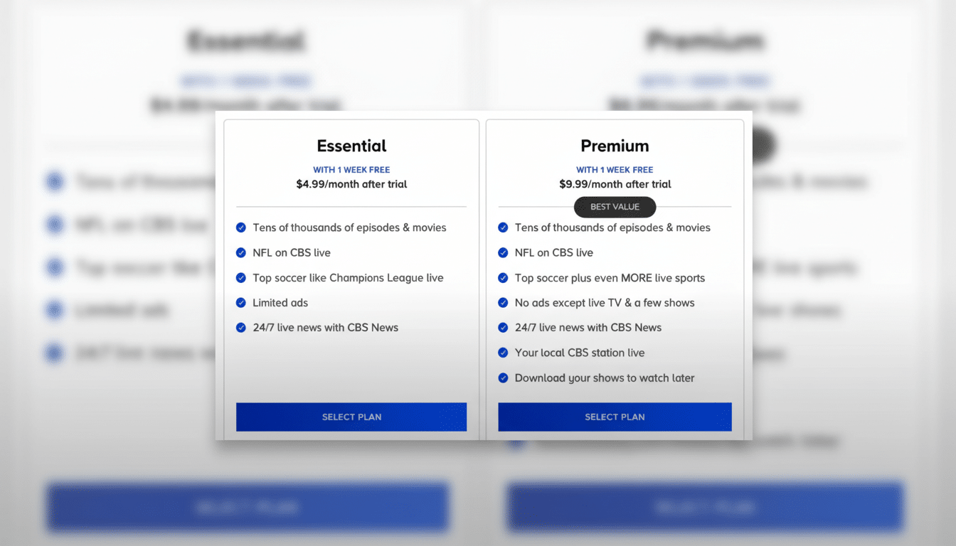 A professional, enhanced image of two subscription plans, Essential and Premium, with their respective features and pricing, set against a blurred background of the original image.