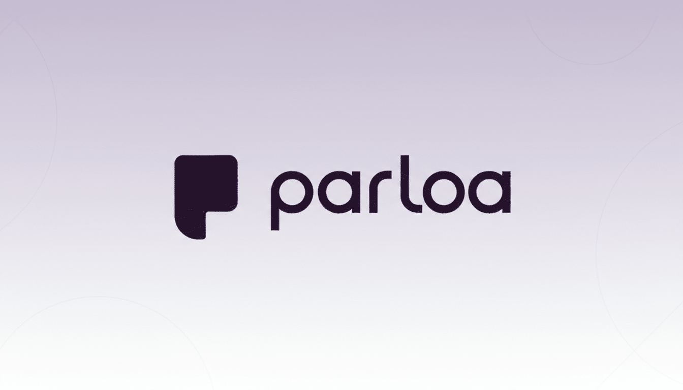The Parloa logo, featuring a dark purple speech bubble icon next to the word parloa in a matching dark purple sans-serif font, centered on a light purple gradient background with subtle circular patterns.