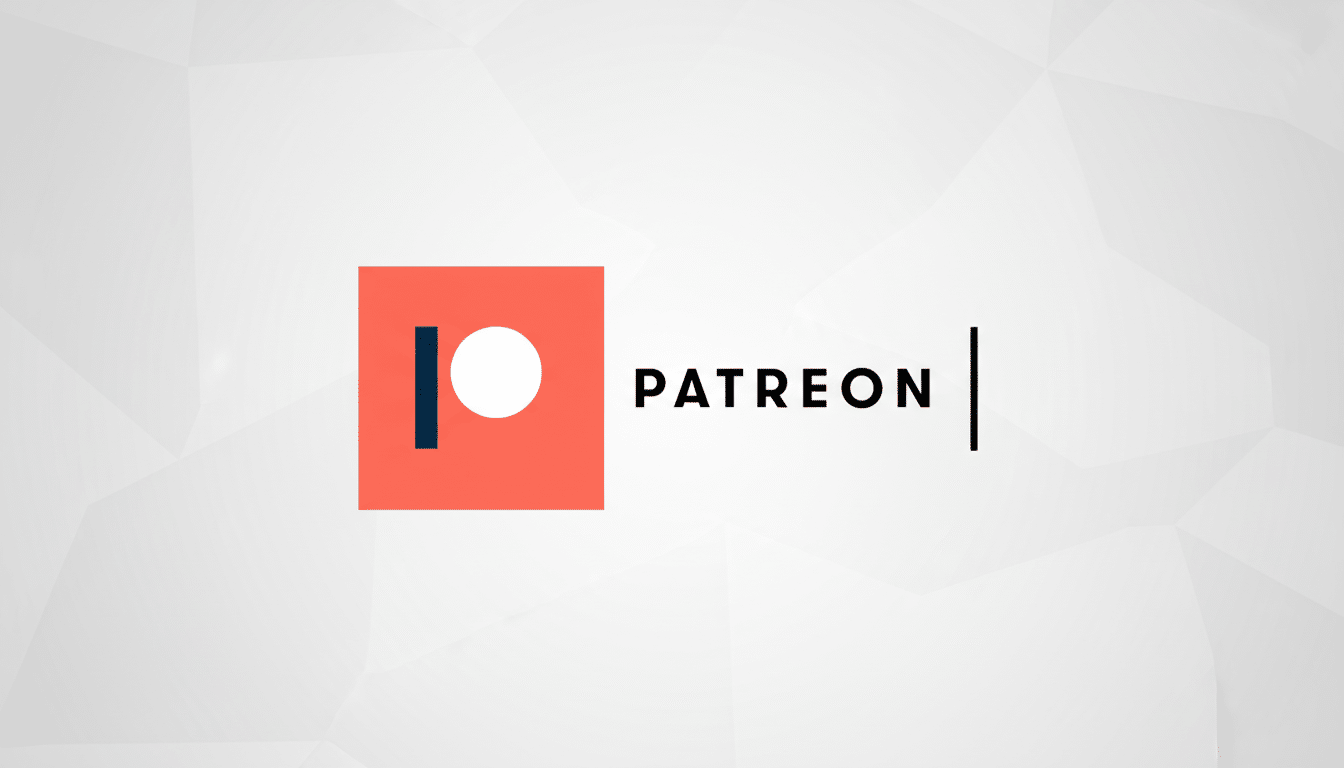 The Patreon logo, featuring a coral-colored square with a white circle and a dark blue vertical bar, next to the word PATREON in black capital letters, all set against a subtle gray geometric background.