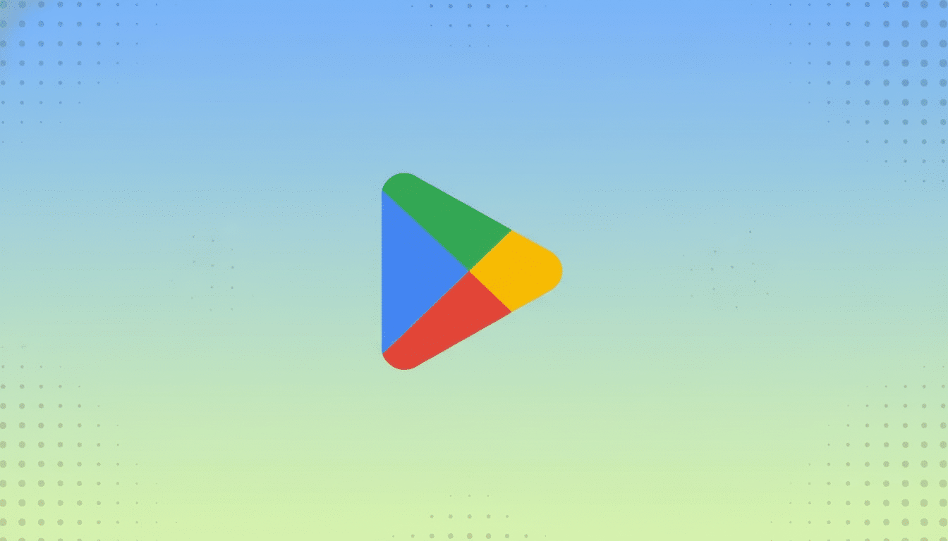 The Google Play Store logo, a colorful triangular play button icon, centered on a professional 16:9 aspect ratio background with a soft blue and green gradient and subtle dot patterns.