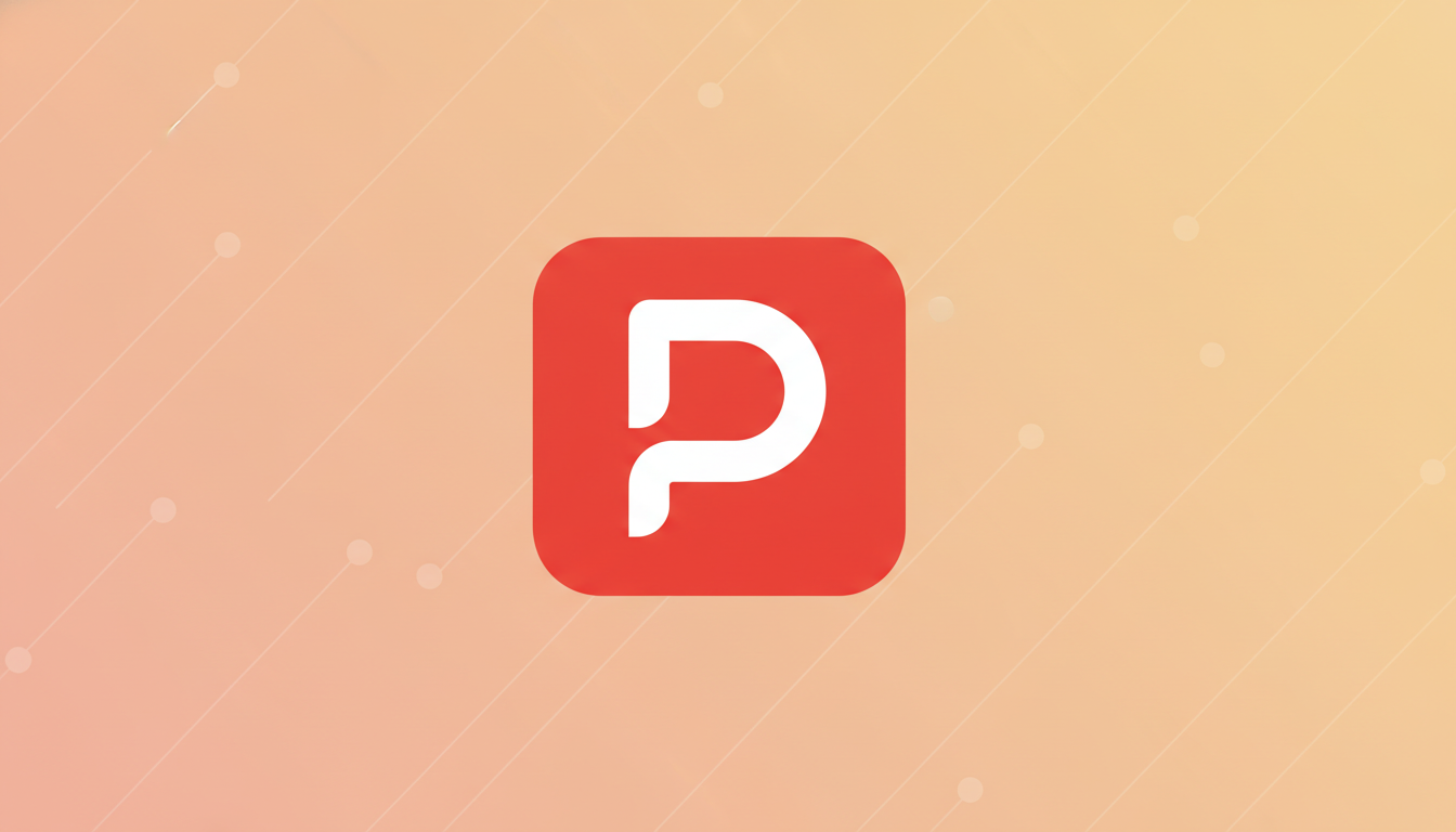 A white stylized letter P on a red rounded square icon, centered on a professional 16:9 background with a soft gradient from light orange to light yellow, featuring subtle white dashed lines and small circles.