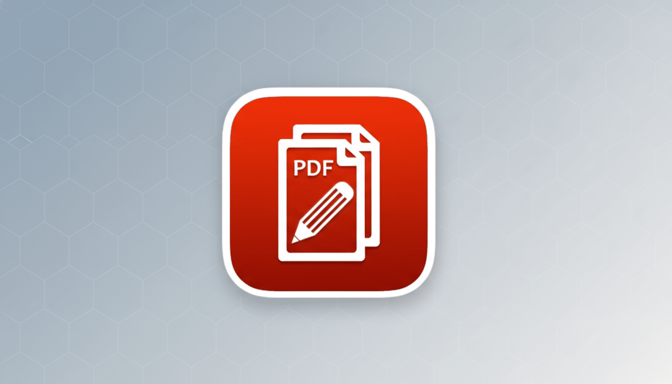 A red app icon with a white border, featuring two document icons with PDF written on the front one and a white pencil icon. The icon is centered on a professional gray background with a subtle hexagonal pattern, presented in a 16:9 aspect ratio.