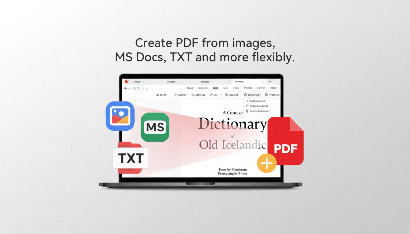 A laptop displaying a PDF editing interface with icons for image, MS Docs, TXT, and PDF conversion, set against a clean, professional background.