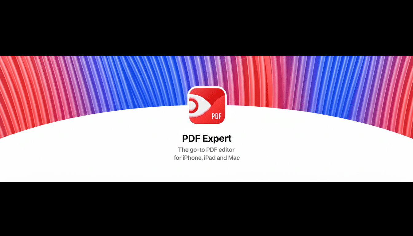 A 16:9 aspect ratio image featuring the PDF Expert app icon, which is a red square with a white eye-like shape and the word PDF in white. Below the icon, the text PDF Expert is displayed in large black letters, followed by The go-to PDF editor for iPhone, iPad and Mac in smaller gray letters. The background behind the icon is a wavy, gradient pattern of red, purple, and blue, with a white curved shape underneath it. The overall image has a clean and professional presentation.