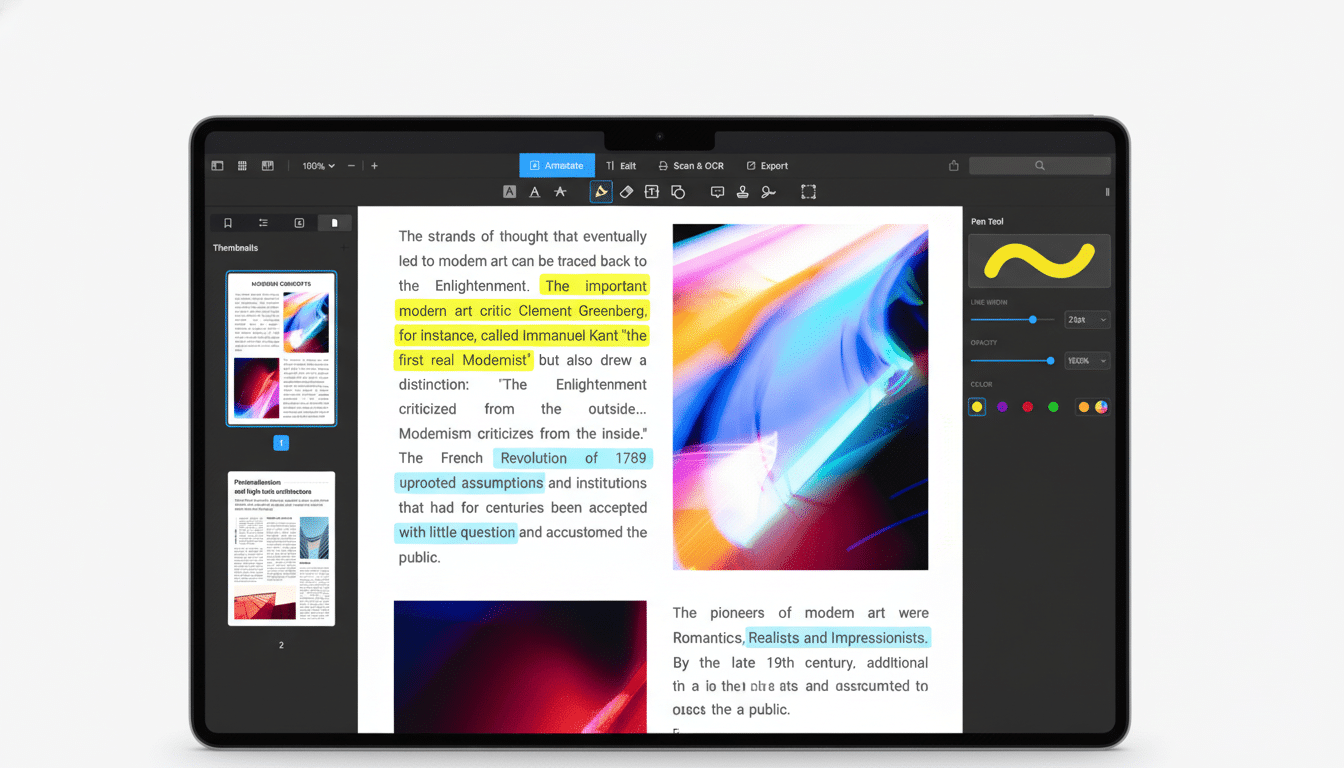 A tablet displaying a document with highlighted text and an abstract image, with annotation tools visible on the right side.