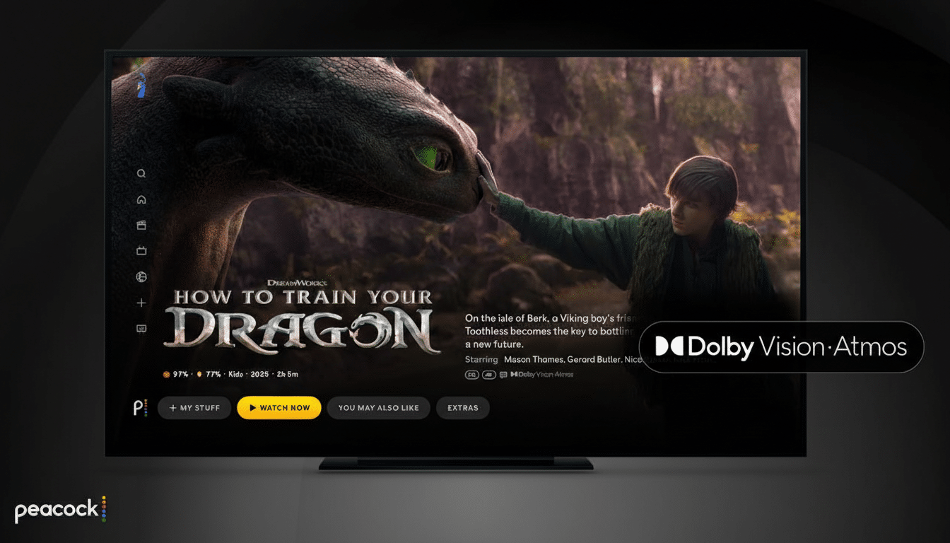 A television screen displaying the movie How to Train Your Dragon with the Dolby Vision-Atmos logo.