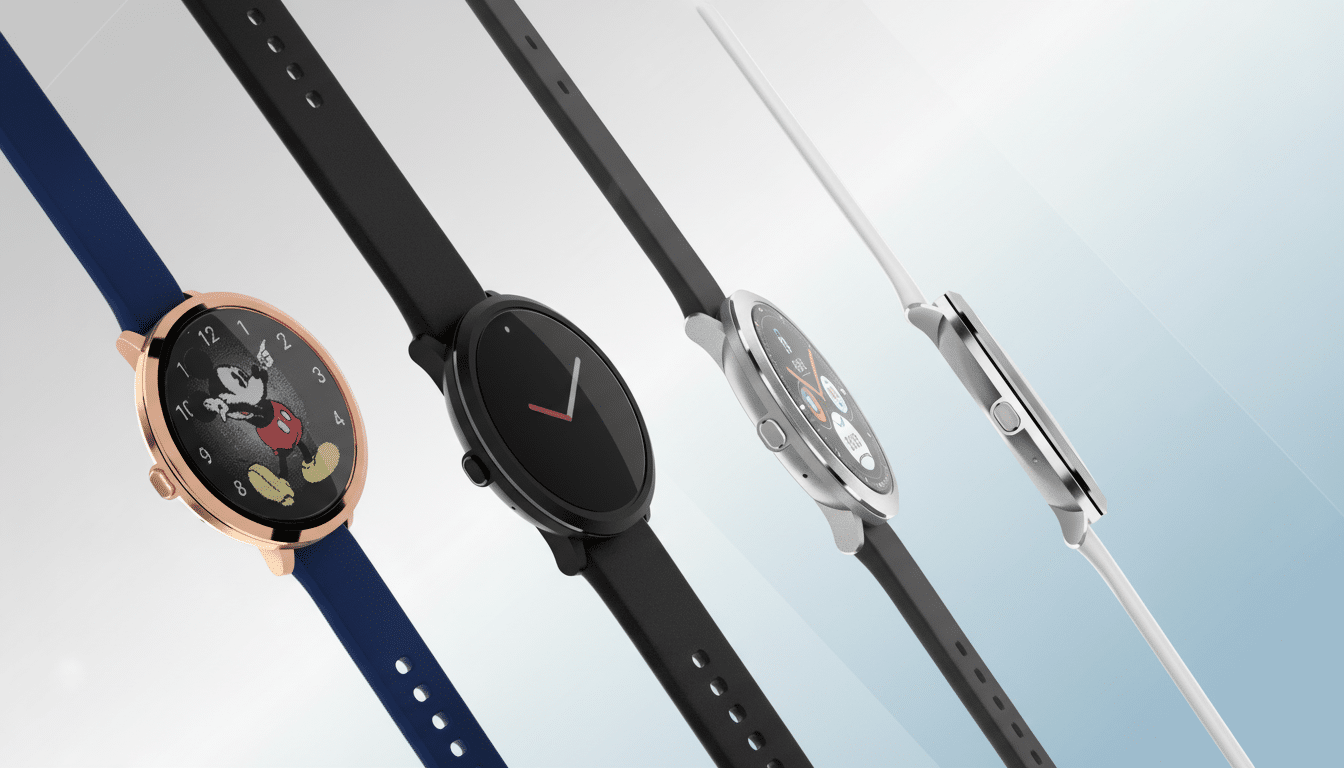 Four smartwatches with different colored bands and faces, including one with Mickey Mouse, are displayed diagonally against a professional blue and white gradient background.