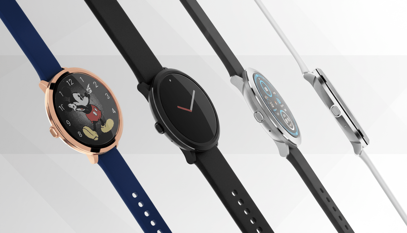 Four smartwatches in a row, with the first featuring a Mickey Mouse watch face, the second a black watch face, the third a digital watch face, and the fourth a side profile.