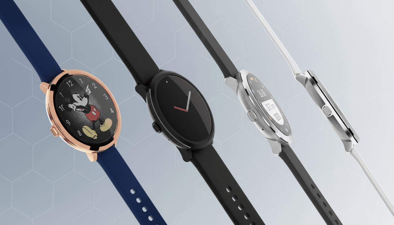 Four smartwatches with different colored bands and faces, including one with Mickey Mouse, are displayed diagonally against a soft blue geometric background.
