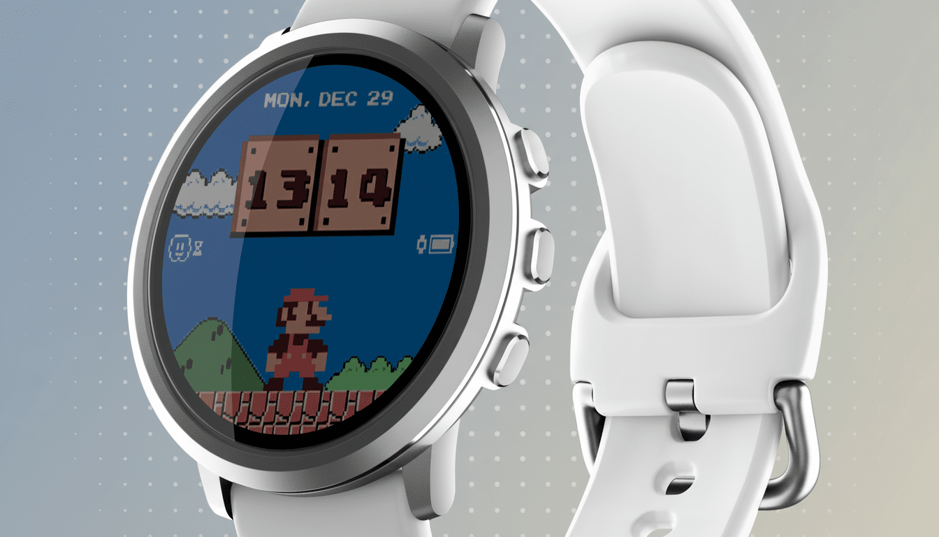 A white smartwatch with a Super Mario Bros. themed display, showing Mario in a pixelated landscape with the time 13:14 and date MON, DEC 29. The background is a professional flat design with soft patterns and gradients.