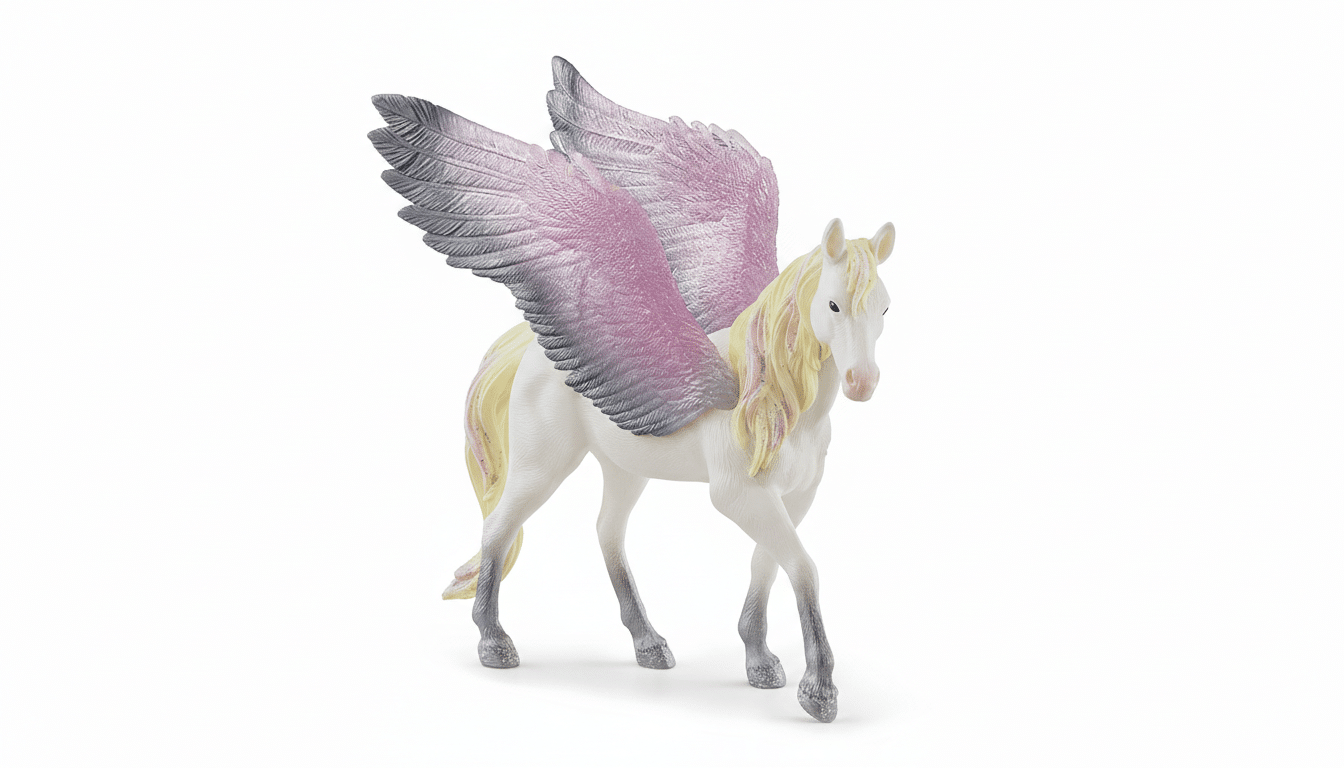 A white toy Pegasus with pink and grey wings, a blonde mane, and glittery hooves stands on a white background.