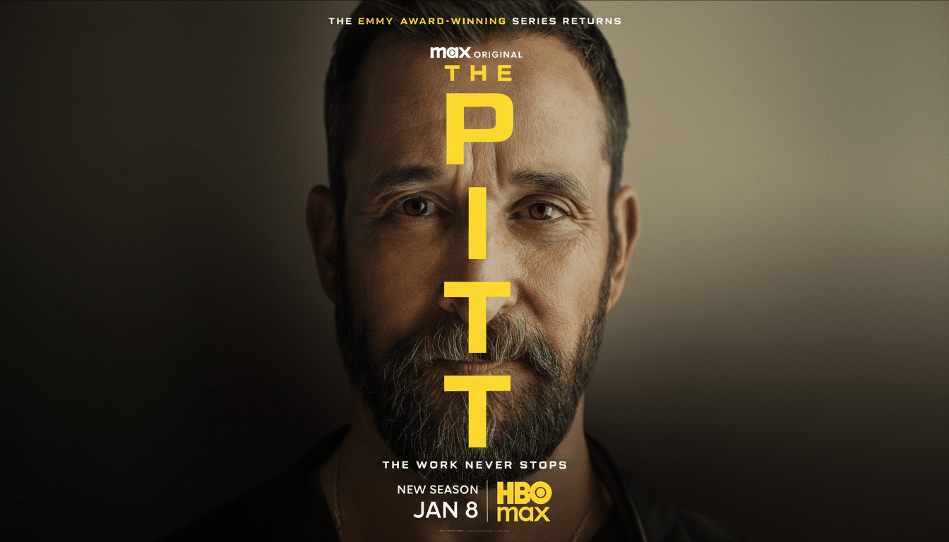 A man with a beard looking directly at the viewer, with the title THE PITT in large yellow letters vertically across his face. The image is a promotional poster for an HBO Max series.