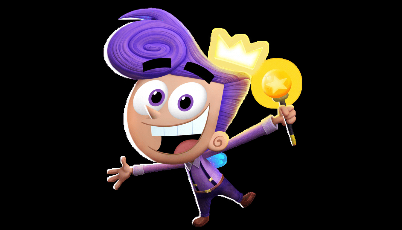 A cartoon character with purple hair and a glowing crown, holding a magic wand, resized to a 16:9 aspect ratio.
