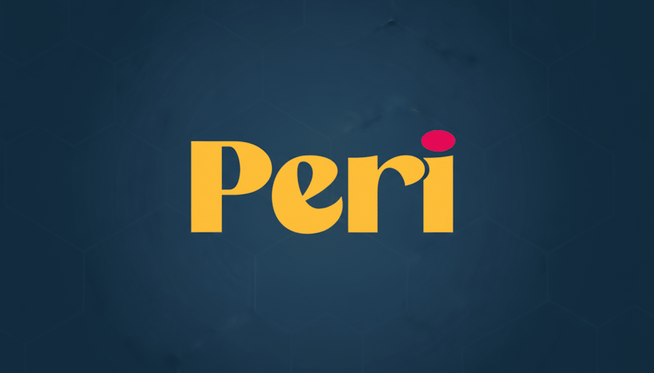 The word Peri in a stylized yellow font with a pink dot over the i, set against a dark blue background with a subtle hexagonal pattern.