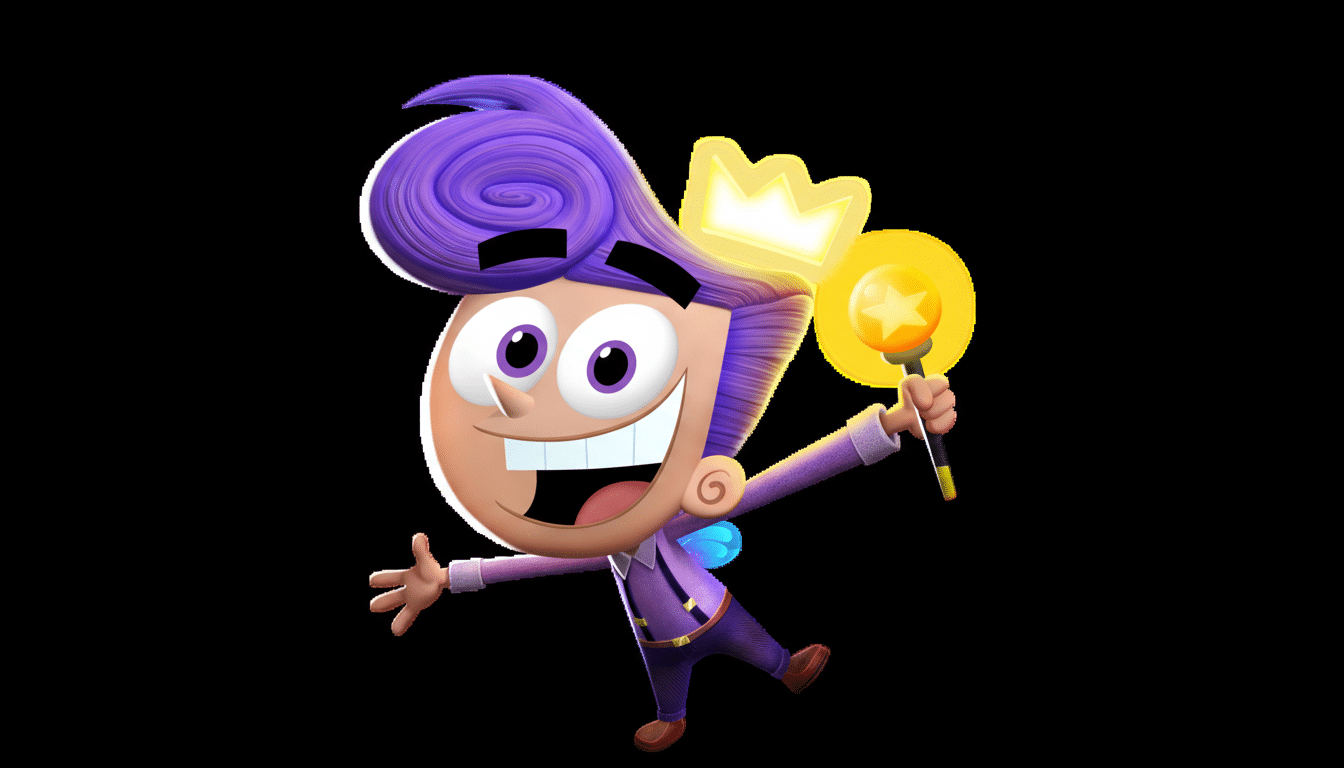 A cartoon character with purple hair and a crown, holding a magic wand, resized to a 16:9 aspect ratio.