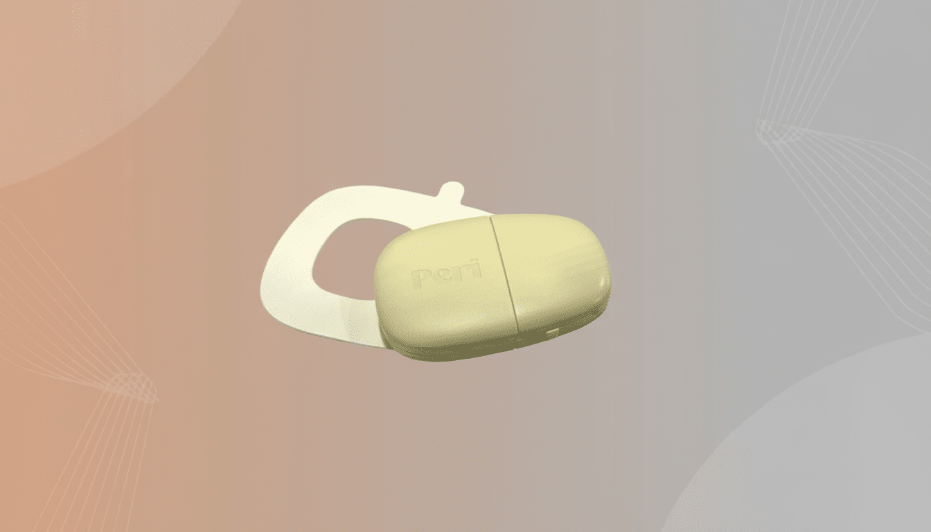 A beige Peri device resting on a white, C-shaped holder, presented against a professional flat design background with soft gradients and subtle patterns.