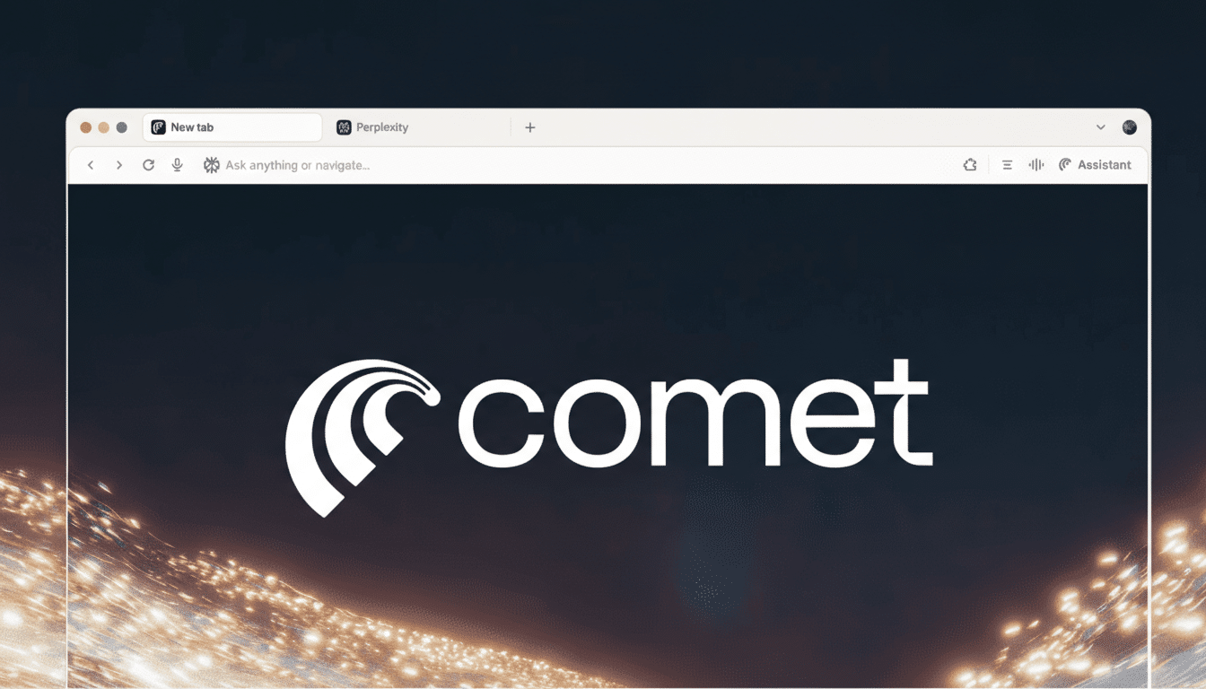 A web browser displaying the Comet logo on a dark background with sparkling light effects.