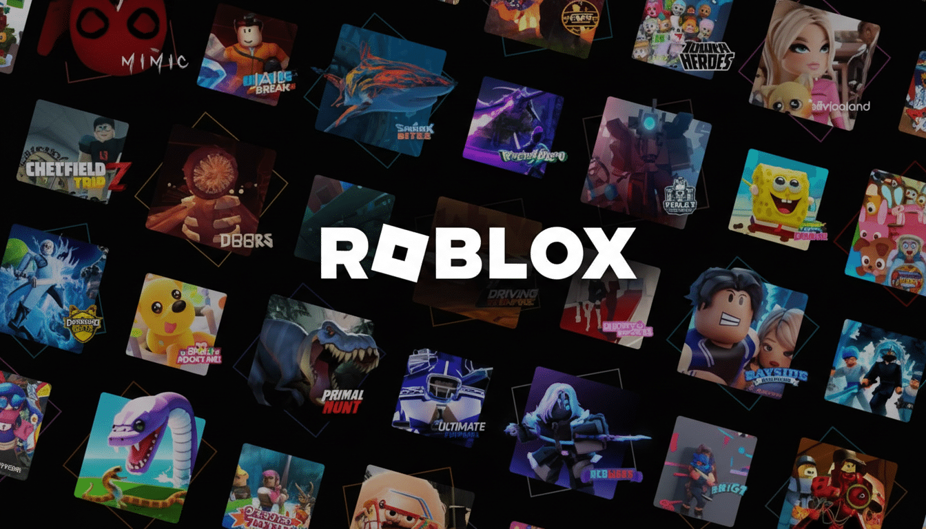 The Roblox logo is centered on a black background, surrounded by various game thumbnails from the platform.