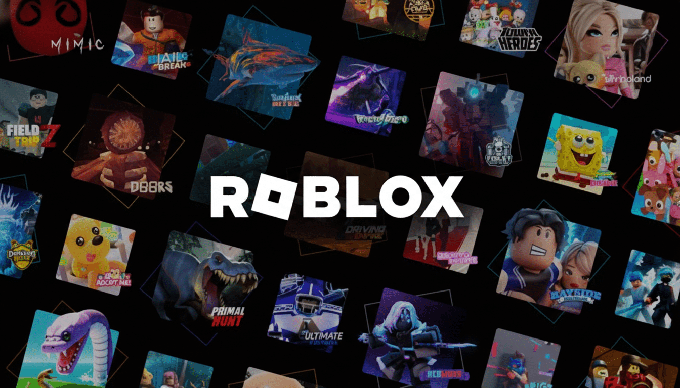The Roblox logo is centered on a black background, surrounded by various game tiles from the platform.