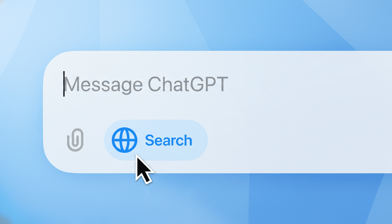 A close-up of a message bar with Message ChatGPT typed in, and a cursor pointing to a Search button with a globe icon.