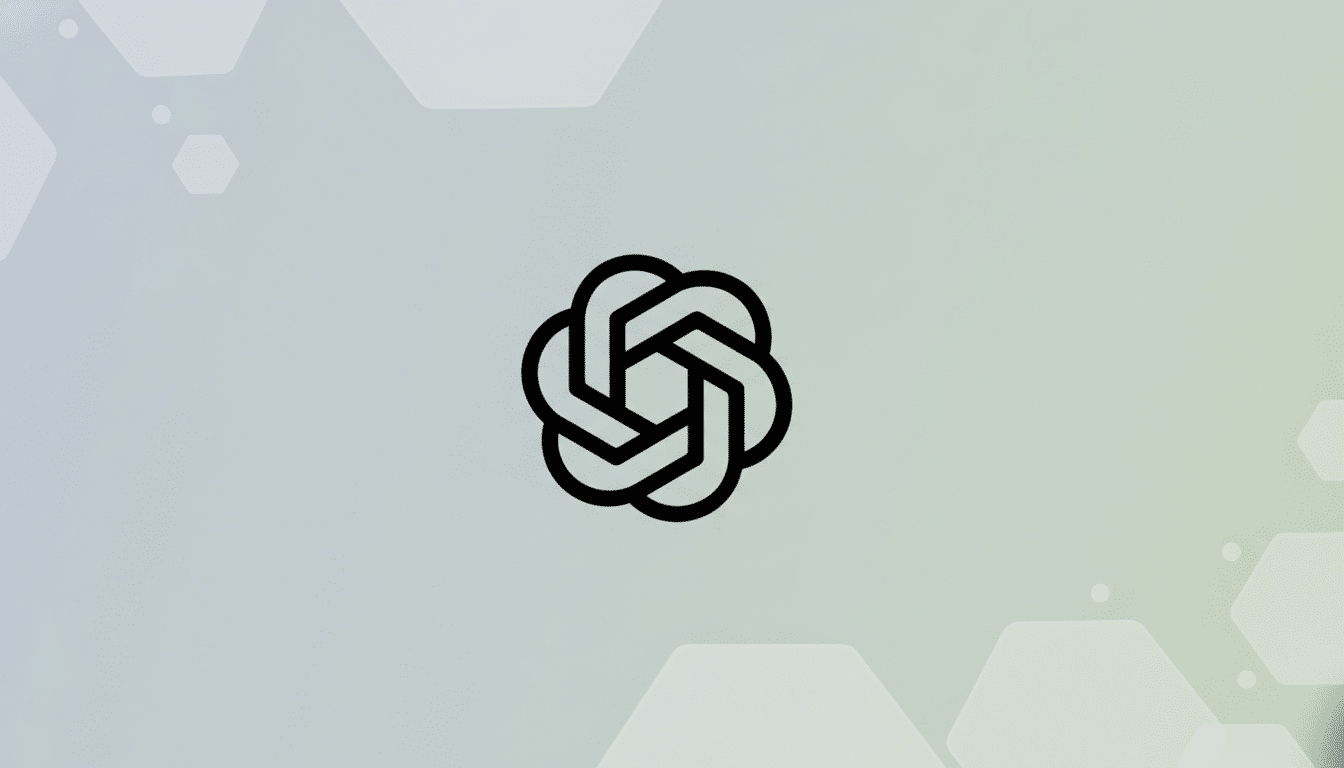 A black, stylized, six-petal flower-like logo with interconnected loops, centered on a professional flat design background with soft gray and green gradients and subtle hexagonal patterns.
