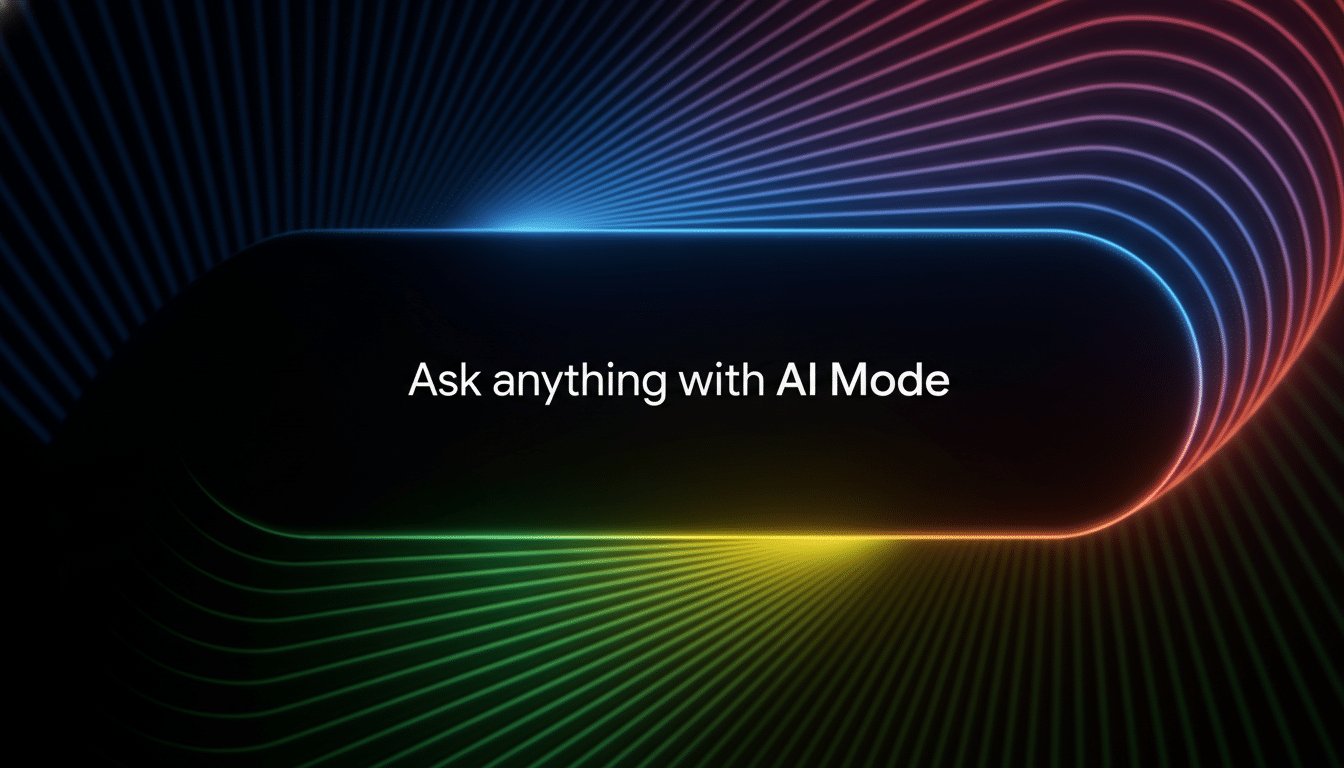 A black rectangular box with rounded corners, outlined by a glowing neon gradient in blue, green, yellow, and red, against a dark background with radiating neon lines in similar colors. The text Ask anything with AI Mode is centered in white within the box.