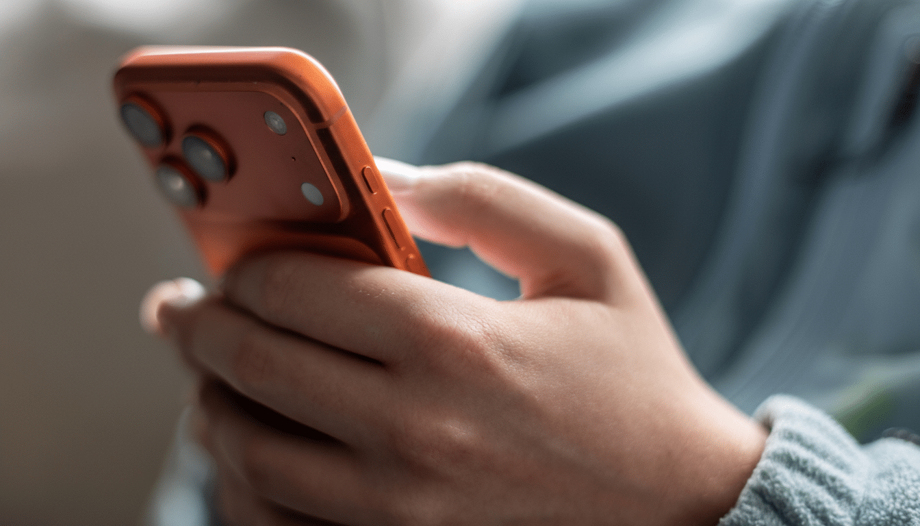 A persons hand holding an orange smartphone, resized to a 16:9 aspect ratio with the original background maintained.