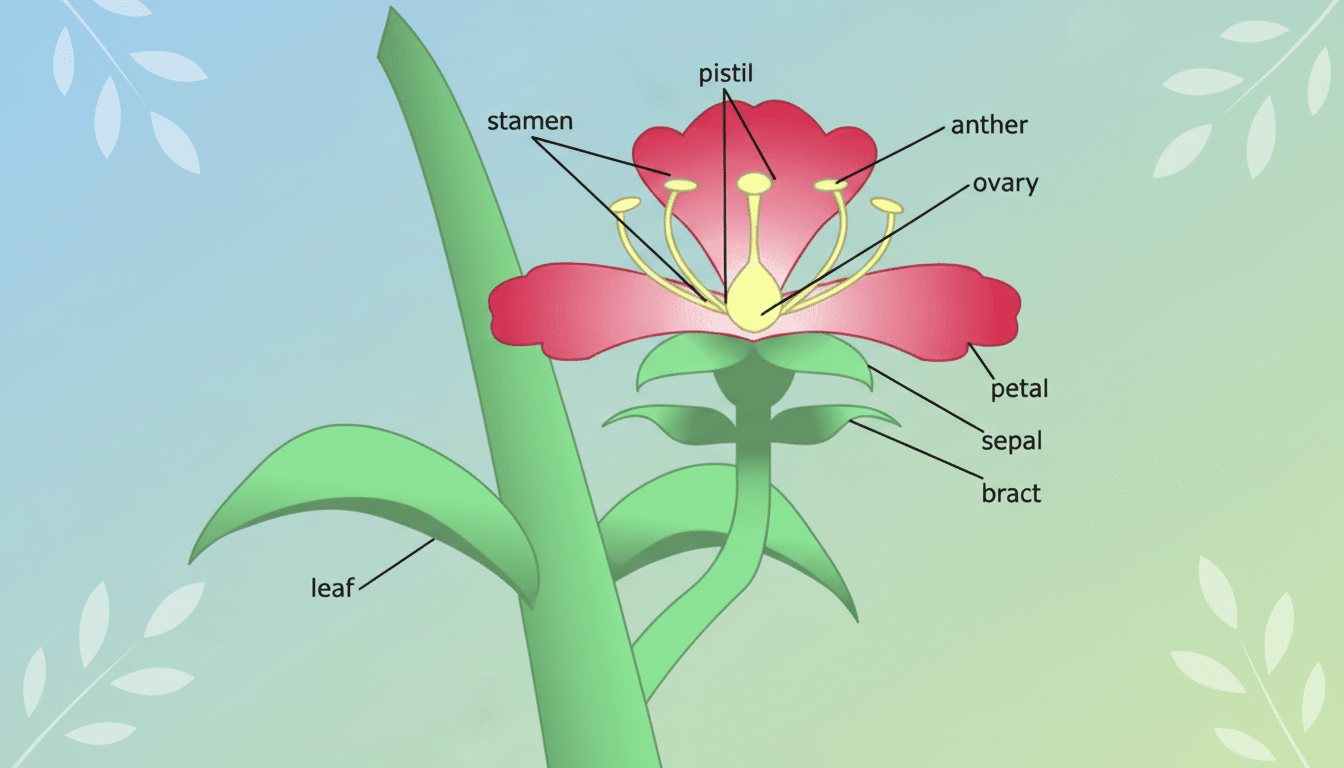 A diagram of a flower with its parts labeled, including the pistil, stamen, anther, ovary, petal, sepal, bract, and leaf.