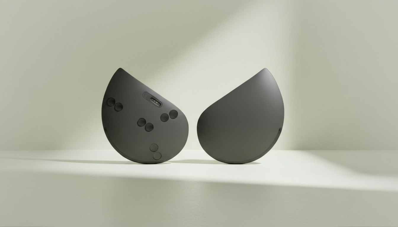 Two dark gray, teardrop-shaped devices with buttons on one, sitting on a light green surface with a subtle shadow.