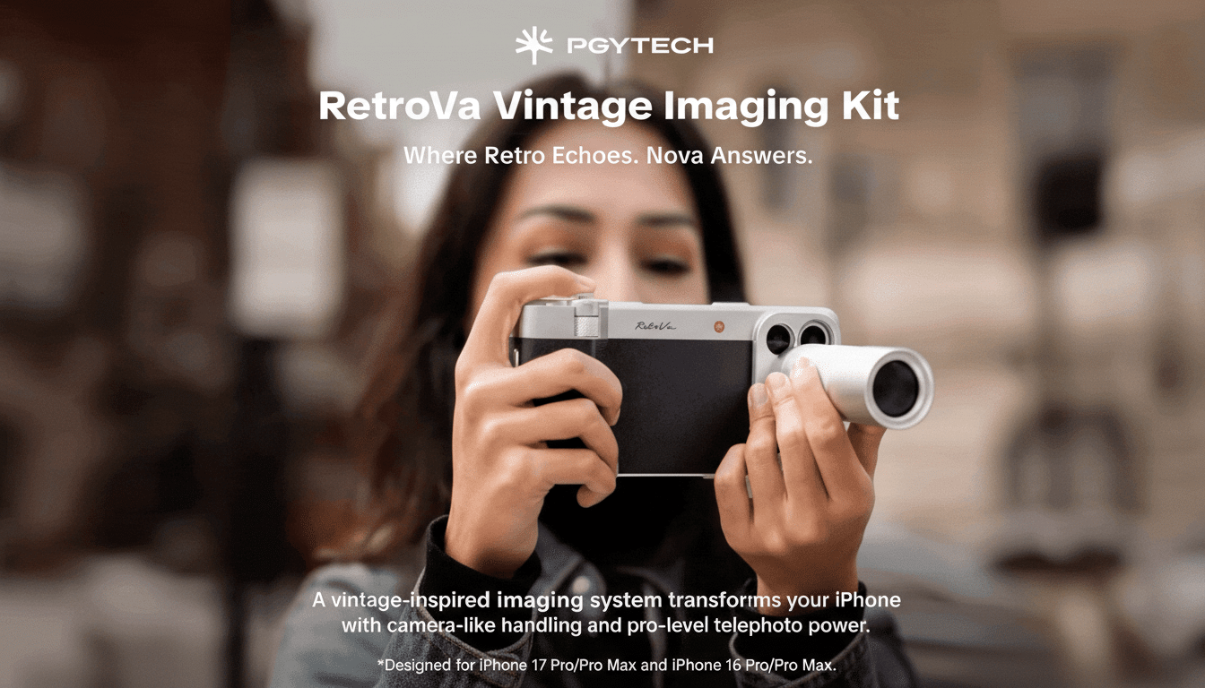 A woman holding a PGYTECH RetroVa Vintage Imaging Kit, which transforms an iPhone into a camera with telephoto power. The image is resized to a 16:9 aspect ratio, maintaining the original background.