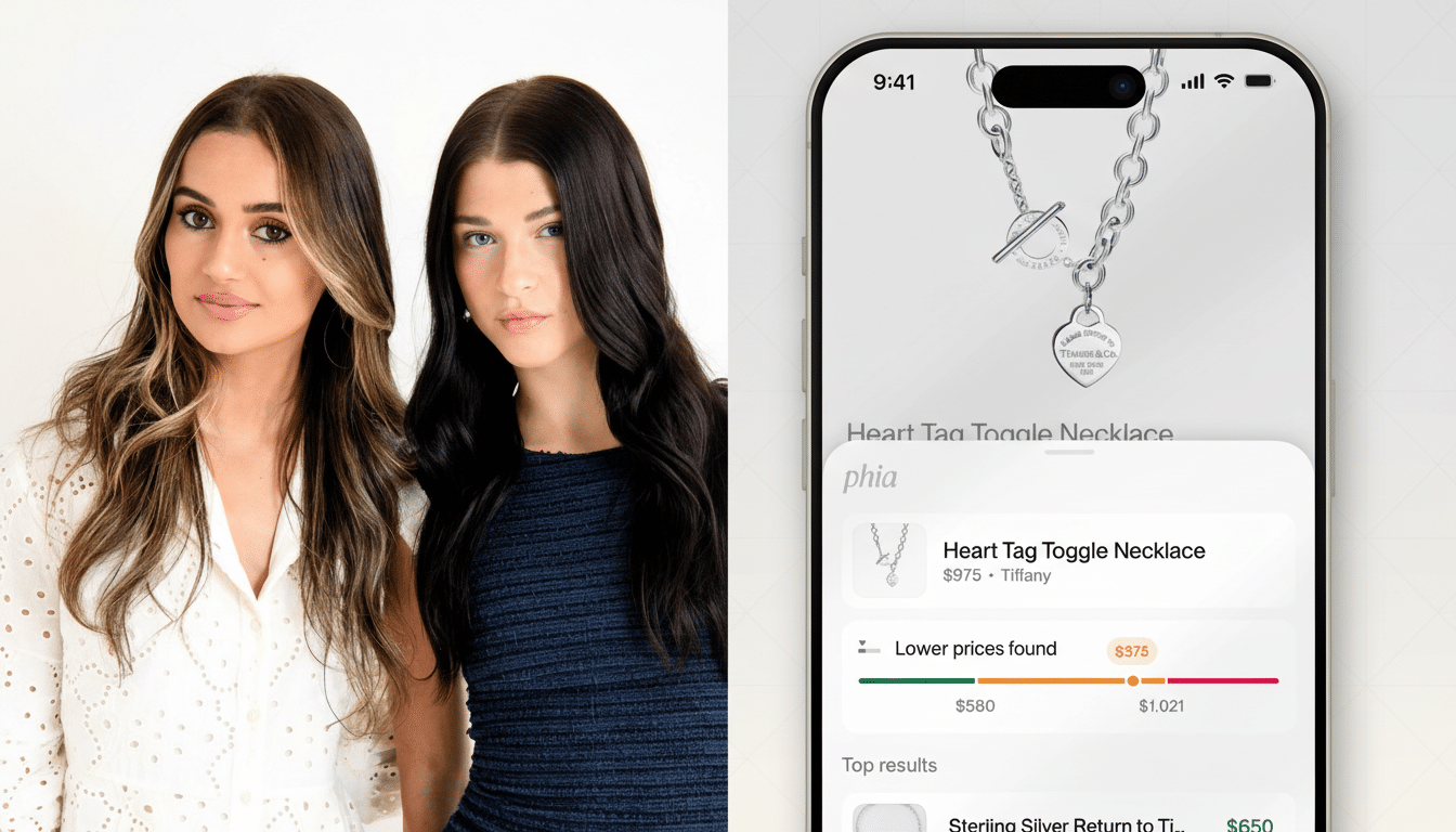 Two women standing next to each other, with a smartphone displaying a necklace on the right.