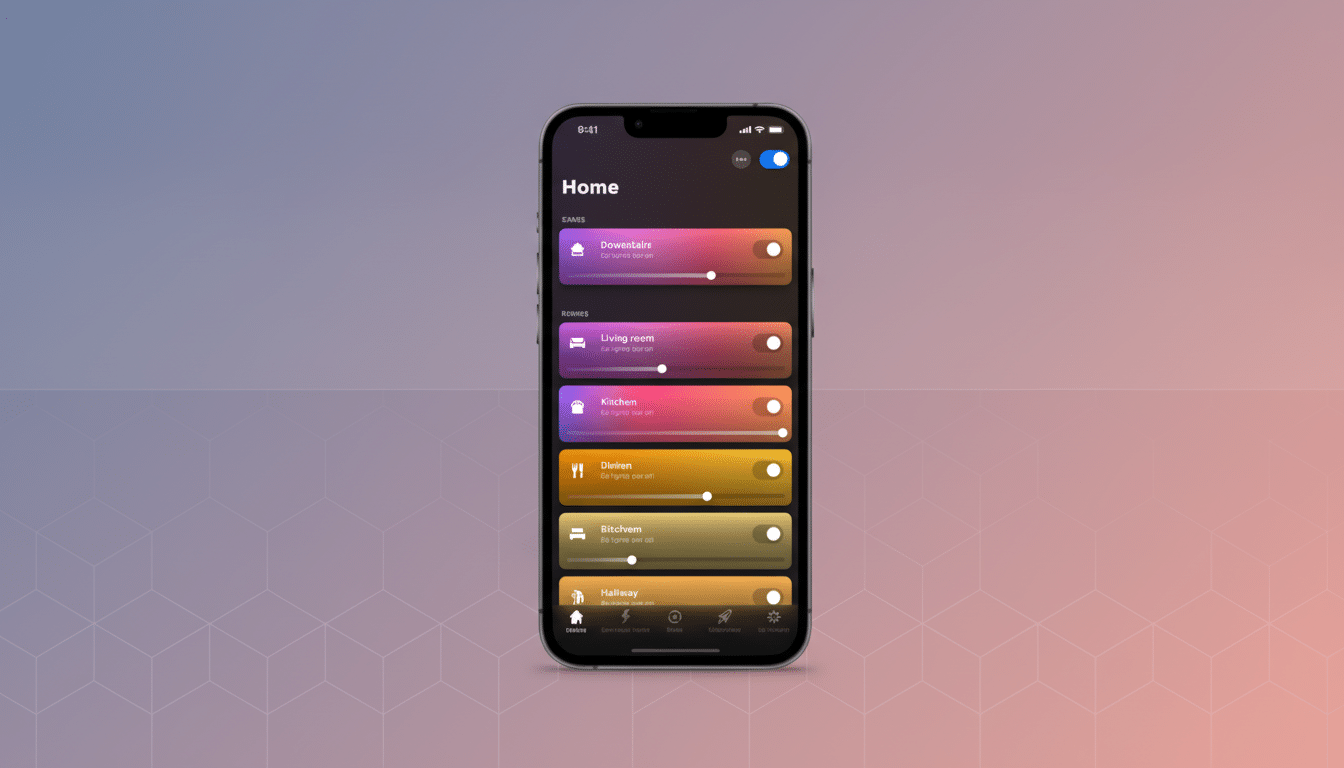 A smartphone displaying a smart home app interface with various room controls, set against a professional flat design background with soft gradients.