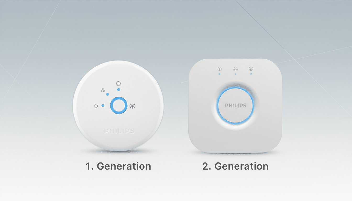 A comparison image showing two generations of Philips Hue bridges. The first generation is a round, white device with blue indicator lights and the Philips logo. The second generation is a square, white device with a central blue-lit ring and the Philips logo, also featuring blue indicator lights. The background is a professional flat design with a soft gradient.