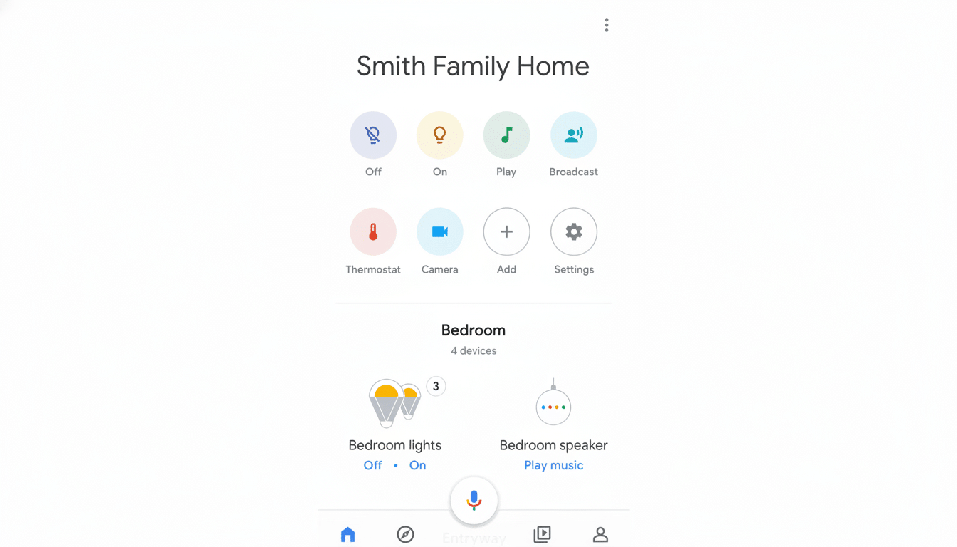 A screenshot of the Google Home app interface, showing controls for Smith Family Home with options like Off, On, Play, Broadcast, Thermostat, Camera, Add, and Settings. Below, a Bedroom section displays Bedroom lights and Bedroom speaker controls. The image has been resized to a 16:9 aspect ratio.