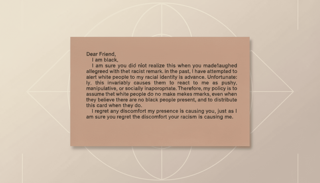 A rectangular card with text on a light brown background, set against a subtle geometric pattern.