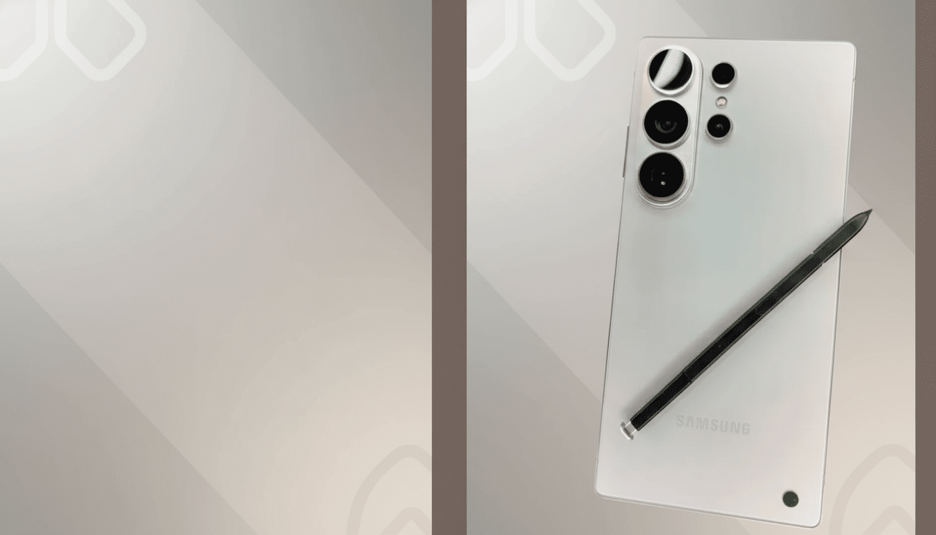 A Samsung smartphone with a stylus on a professional flat design background.