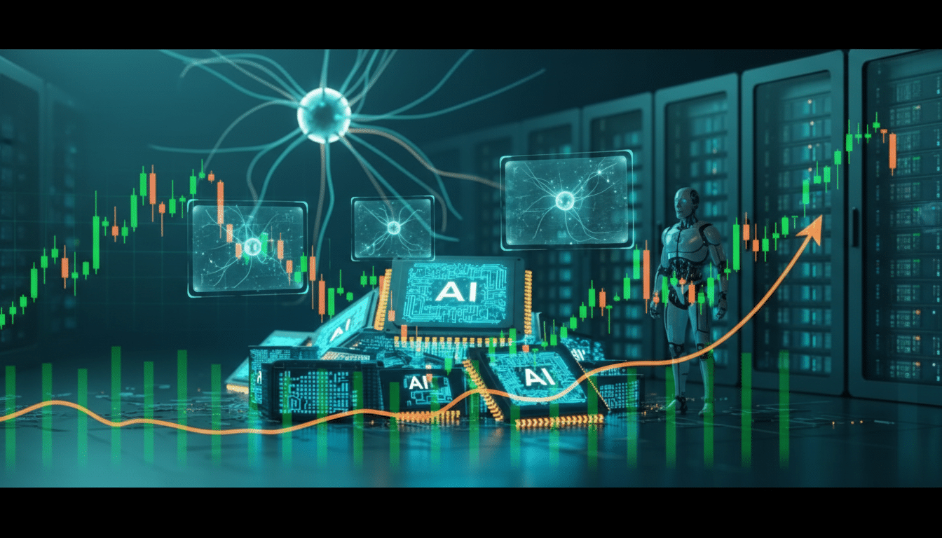 A futuristic scene depicting AI processors, a humanoid robot, and neural network visualizations, all set against a backdrop of server racks and financial growth charts, resized to a 16:9 aspect ratio.