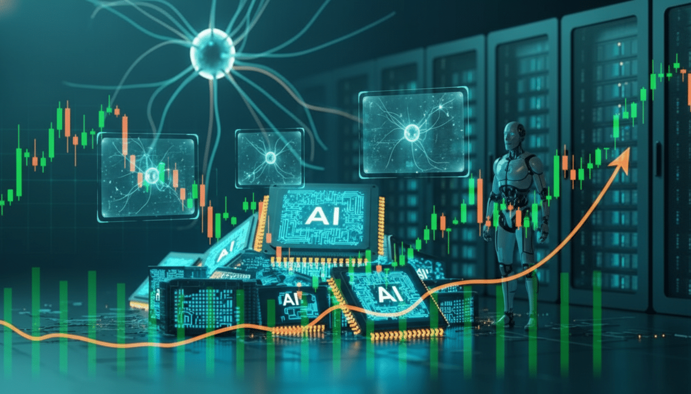 A 16:9 aspect ratio image showing a futuristic scene with AI chips, a robot, neural network representations, and financial growth charts, all set against a backdrop of server racks.