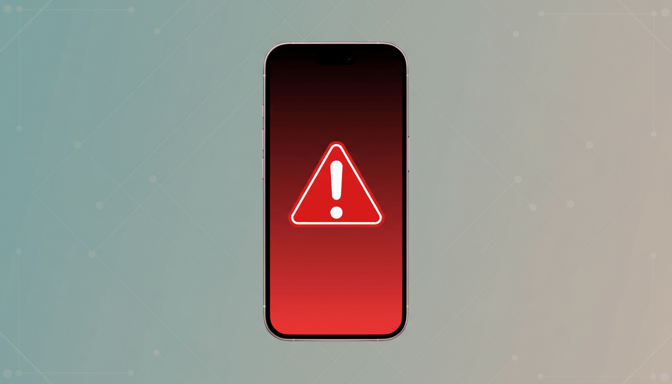 A smartphone displaying a red screen with a white exclamation mark in a red triangle, set against a professional flat design background with soft patterns and gradients.