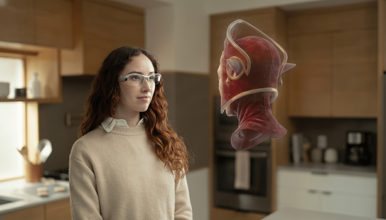 A woman wearing smart glasses looks at a floating red and gold helmet in a modern kitchen.