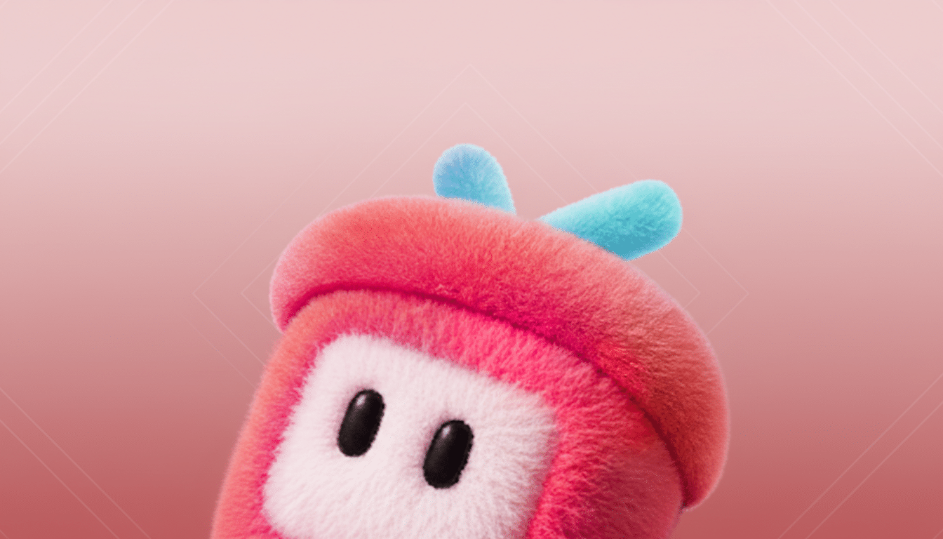 A close-up of a pink, furry Fall Guys character with light blue antennae, set against a soft pink gradient background with subtle geometric patterns.