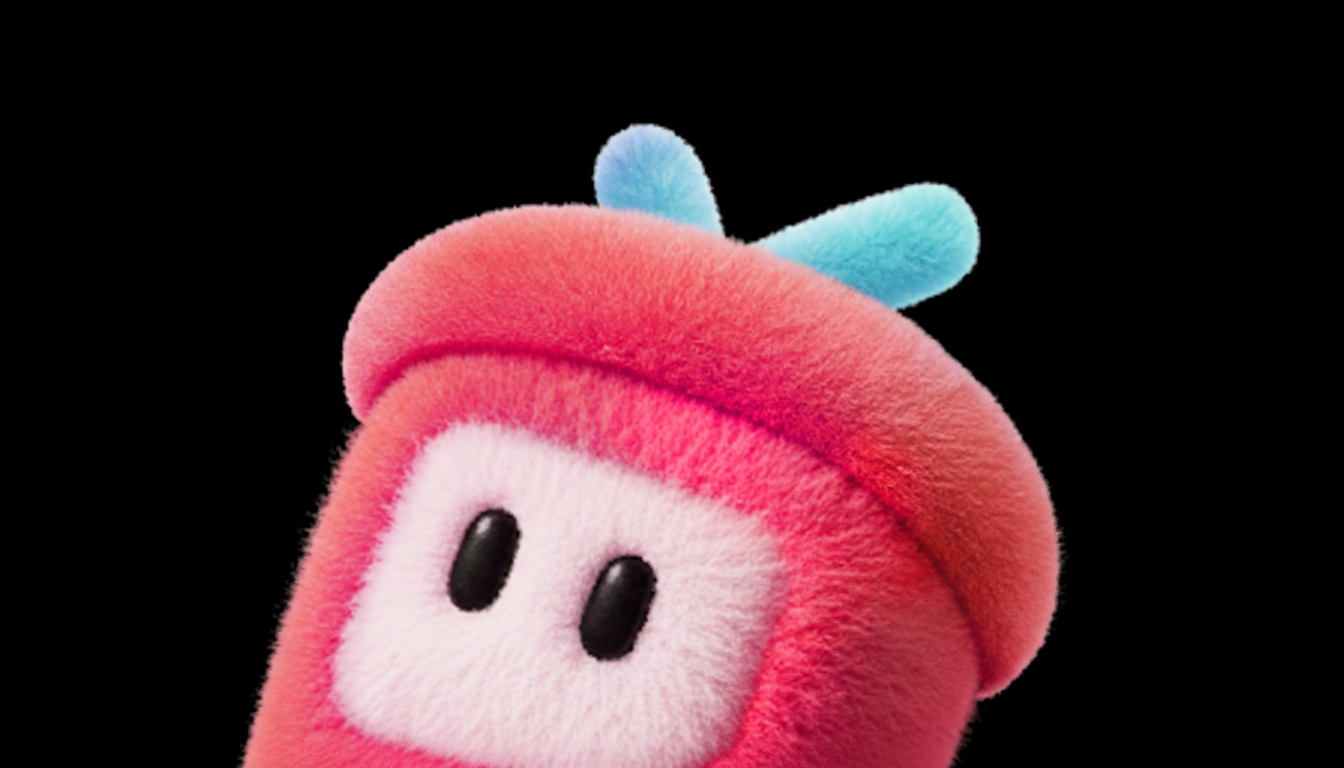 A close-up of a pink, furry Fall Guys character with light blue antennae, set against a black background.