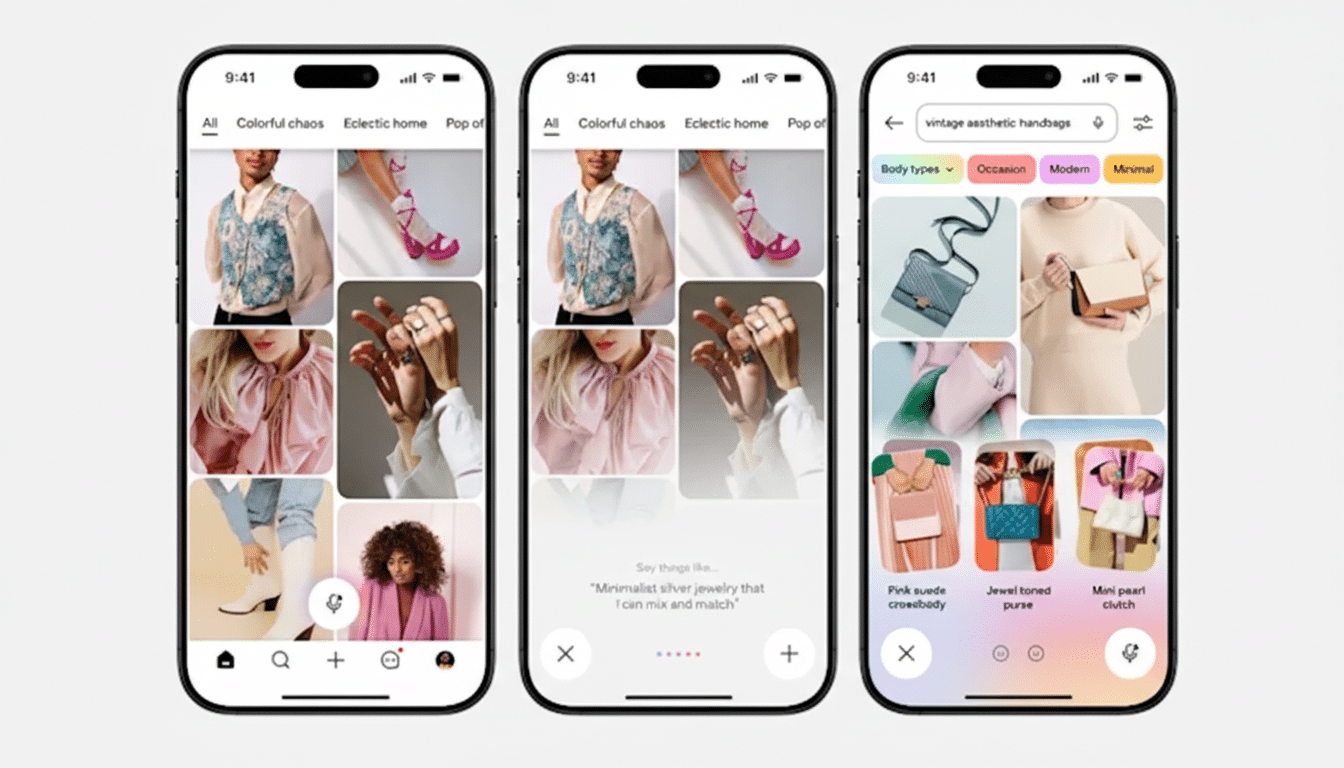 Three iPhone screens displaying a fashion and shopping app interface. The left screen shows a grid of fashion images. The middle screen shows a search bar with suggested text. The right screen shows search results for vintage aesthetic handbags with various handbag images.