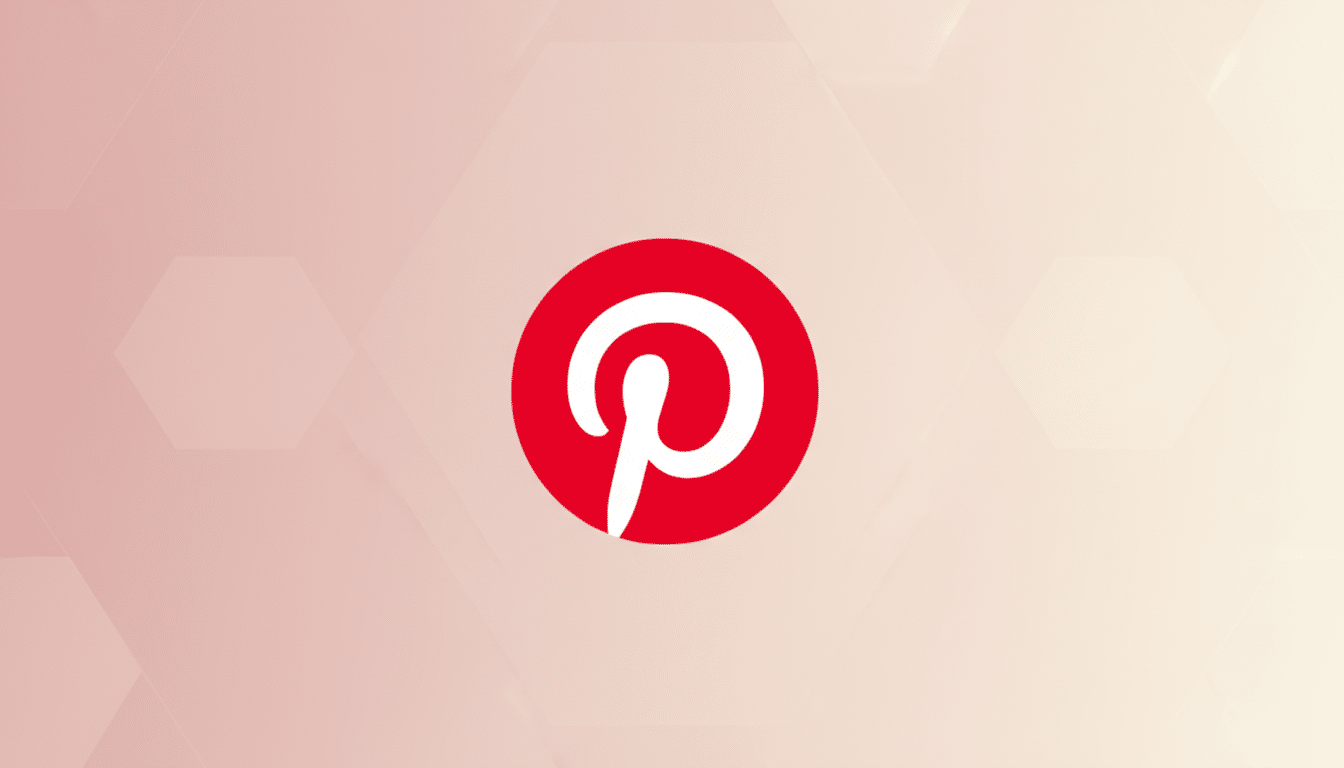 The Pinterest logo, a white stylized P inside a red circle, centered on a professional flat design background with soft, light pink gradients and subtle hexagonal patterns.