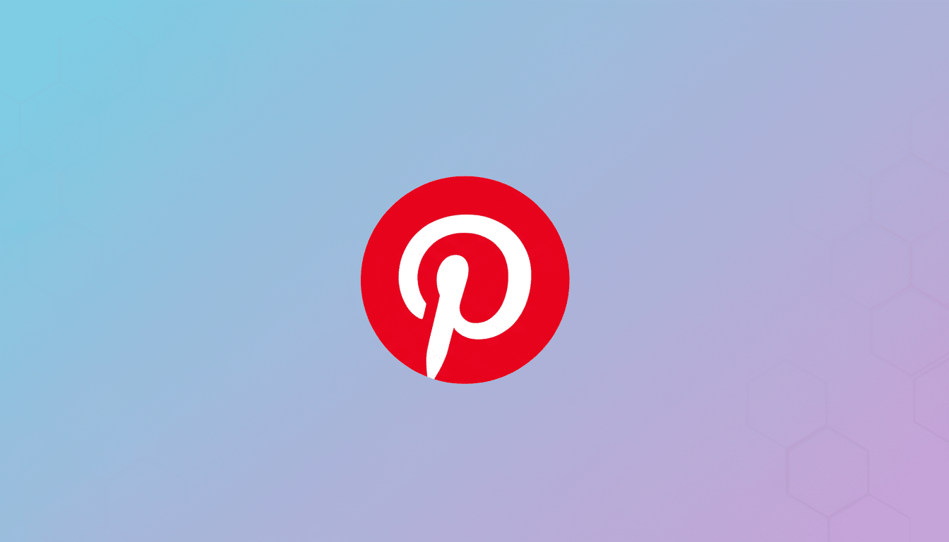 The Pinterest logo, a white stylized P inside a red circle, centered on a professional flat design background with a soft blue and purple gradient and subtle hexagonal patterns.
