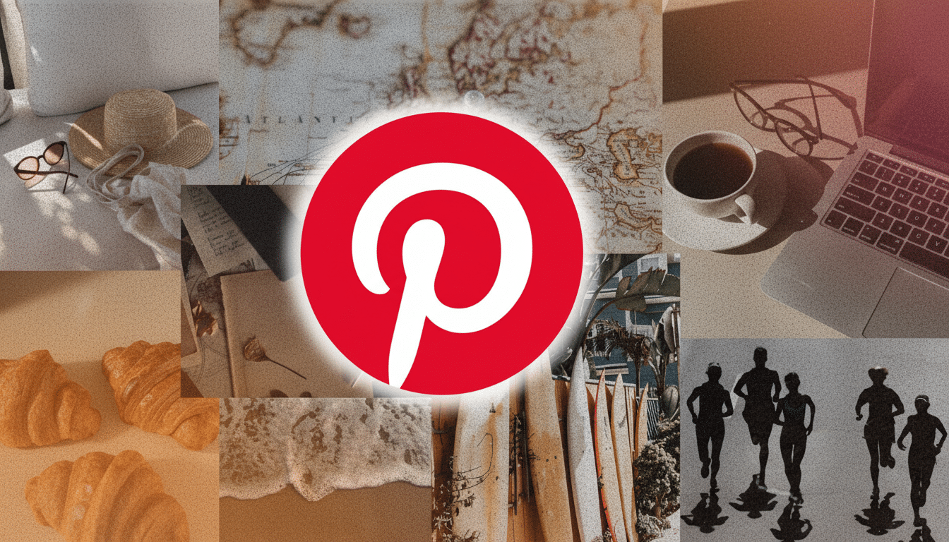 A collage of images with a central Pinterest logo. The collage includes a straw hat and sunglasses, an old map, a cup of coffee next to a laptop, croissants, a book with dried flowers, ocean waves, surfboards, and silhouettes of people running.