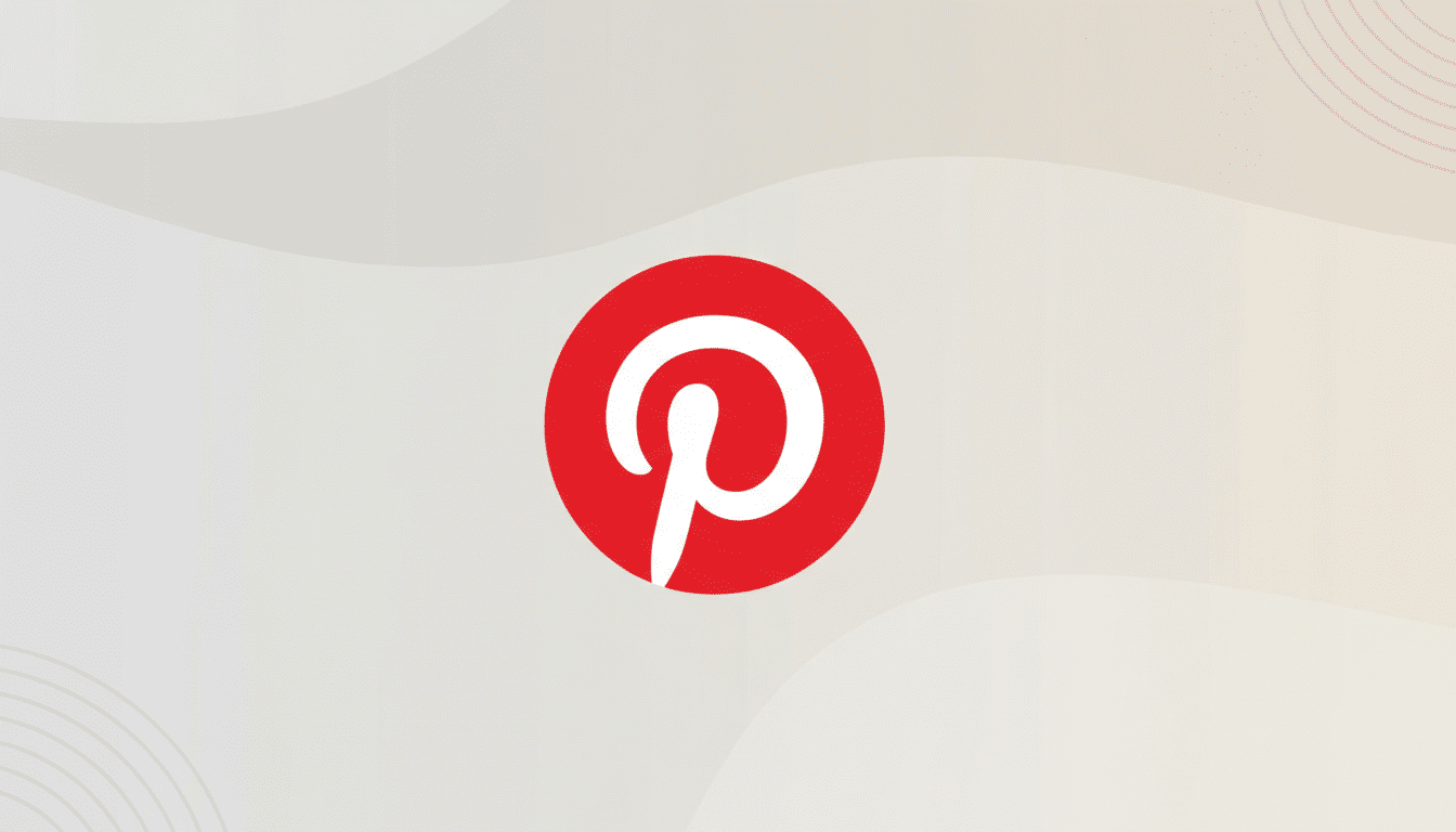 The Pinterest logo, a white stylized P inside a red circle, centered on a professional flat design background with soft gray gradients and subtle wave patterns.